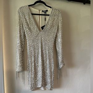 NWT Celebrity Fashion Size Small Silver/Cream Party Dress with Beading & Pearls